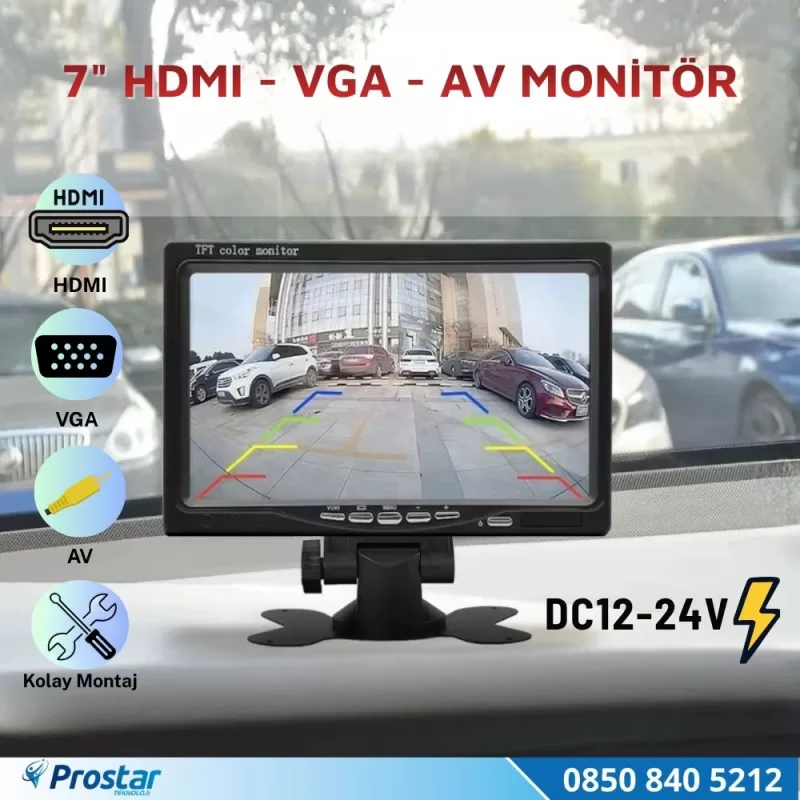 7 inç HDMI / VGA / AV Çok Amaçlı Araç ve Taşıt Monitörü Üç Giriş, Her Cihaza Uyumlu 12-24V — kod NVS-777 — görsel 3