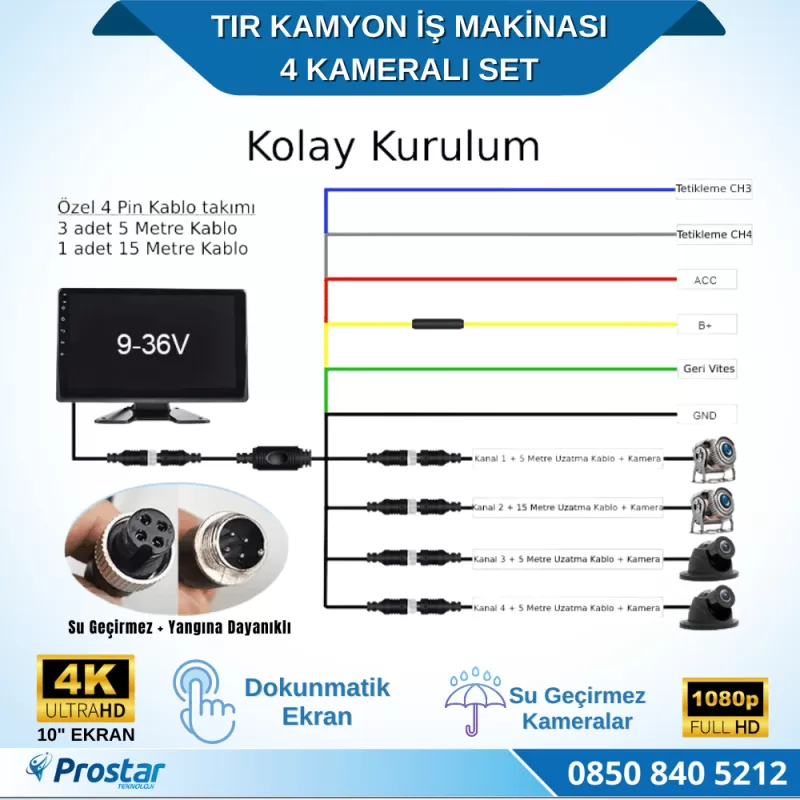 4 Kameralı 10 Inç Dokunmatik Ekranlı 256 Gb Sd Destekli Tır Kamyon İş Makinası Tak Kullan Kamera Seti — kod 2968 — görsel 6