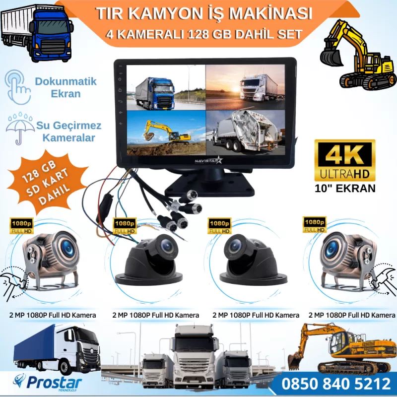 Tır Kamyon 4 Kameralı 10 Inç Dokunmatik Ekranlı 128 Gb Sd Kart Dahil Tak Kullan Kamera Seti — kod 2968SD128Dahil