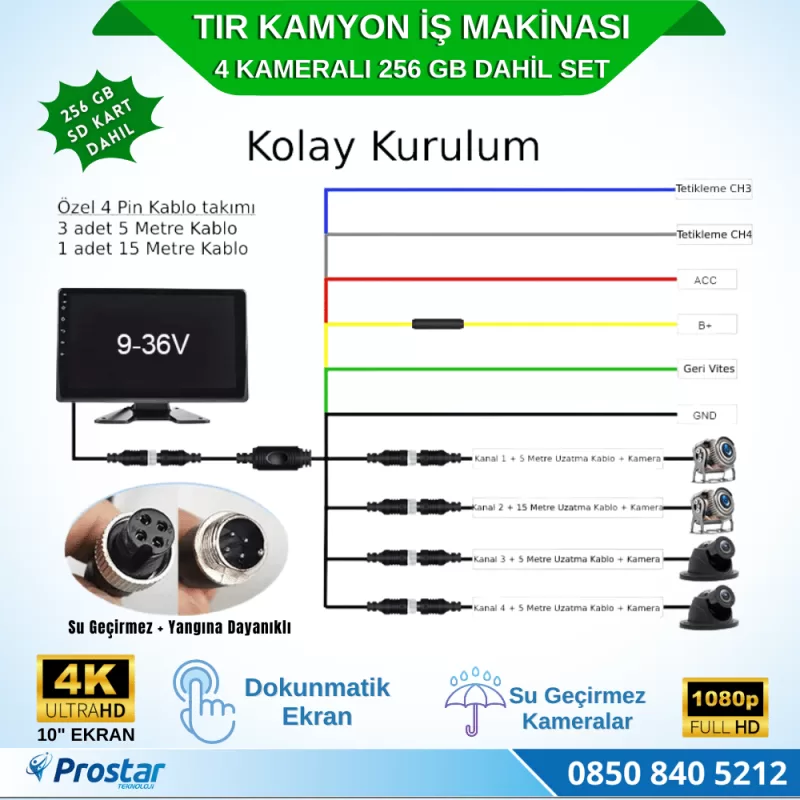 256 Gb Dahil 4 Kameralı 10 Inç Dokunmatik Ekranlı Tır Kamyon Tak Kullan Kamera Seti — kod 2968SD256Dahil — görsel 6