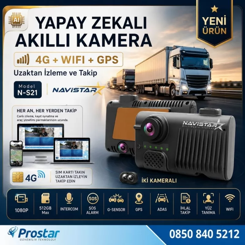 4G Uzaktan izlemeli 2 Kameralı Wifi GPS Yapay Zeka destekli Akıllı Dashcam Kamyon Tır Kamera Sistemi — kod D-S21