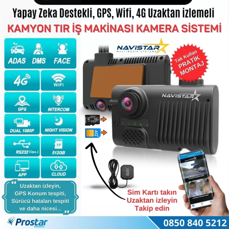 4G Uzaktan izlemeli 2 Kameralı Wifi GPS Yapay Zeka destekli Akıllı Dashcam Kamyon Tır Kamera Sistemi — kod D-S21 — görsel 2