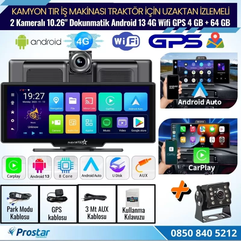 Kamyon Tır için Kayıtlı 2 Kameralı Android 13 WIFI GPS 4G Uzaktan izlemeli 4 GB + 64 GB Carplay 512 GB Destekli Tak Kullan Kamera Seti — kod N26-4G — görsel 2
