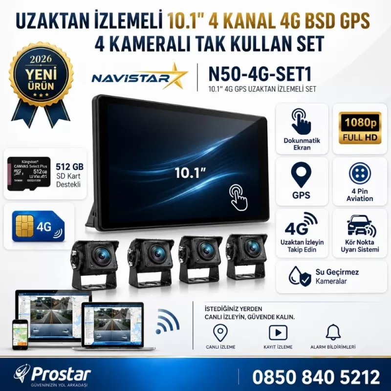 Uzaktan izlemeli 10 inç 4 Kanal 4G GPS BSD Kör Nokta Uyarı Sistemli Profesyonel Araç Kamera Seti — kod N50-4G-SET1