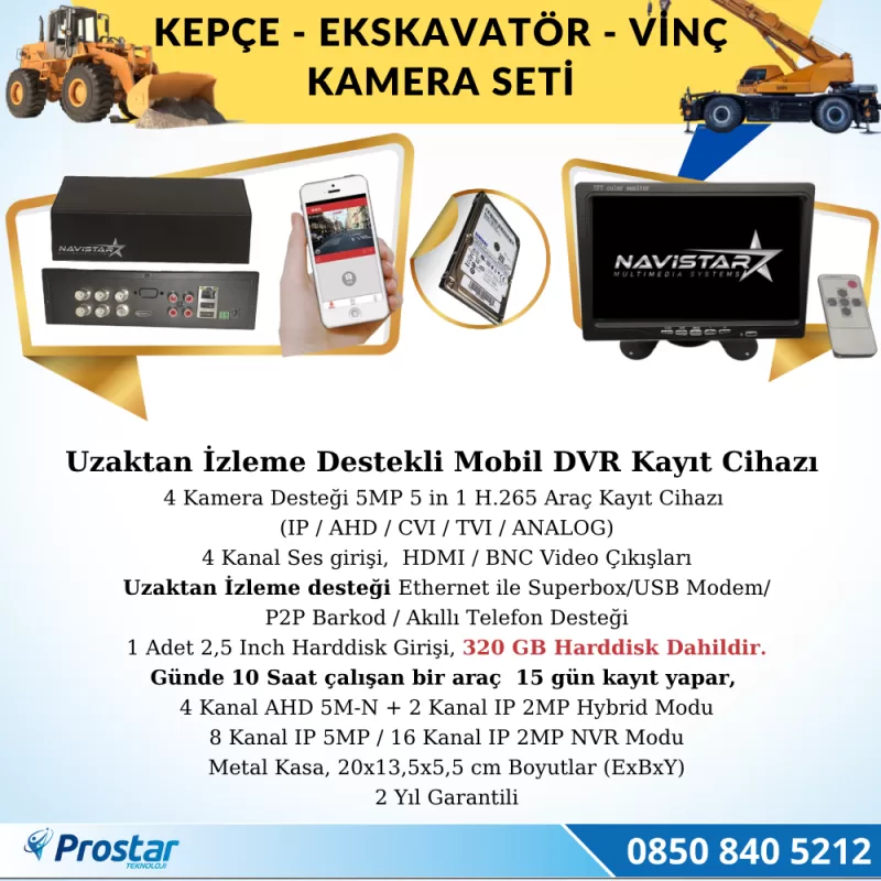 Ekskavatör Dozer Greyder Vinç Kepçe Uzaktan İzlemeli 4 Kameralı 320 Gb Harddisk Kamera Seti — kod ismakine320set — görsel 2