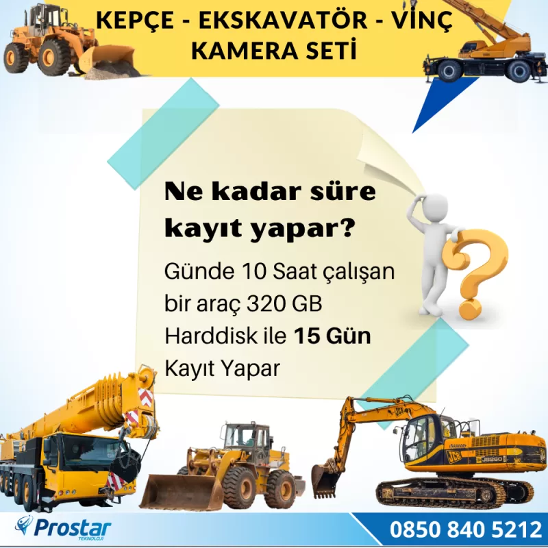 Ekskavatör Dozer Greyder Vinç Kepçe Uzaktan İzlemeli 4 Kameralı 320 Gb Harddisk Kamera Seti — kod ismakine320set — görsel 4