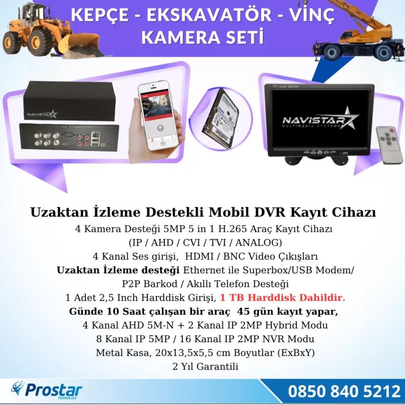 Uzaktan İzlemeli 4 Kameralı Ekskavatör Dozer Greyder Vinç Kepçe 1 Tb Harddisk Kamera Seti — kod ismakinesi1TB — görsel 2