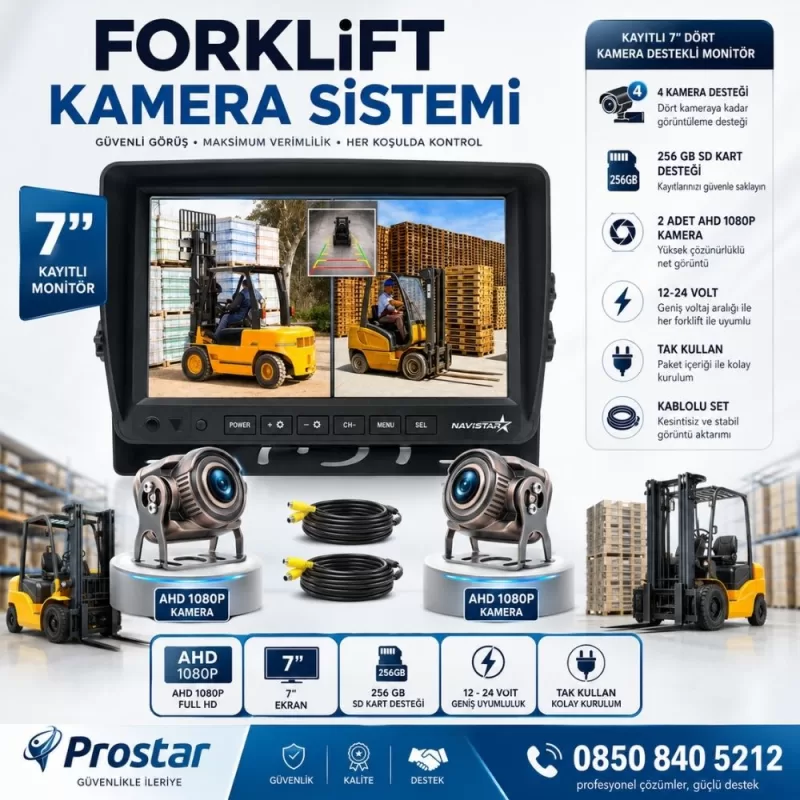 Forklift Kamera Sistemi Reach Truck 2 Kameralı 7 Inç Monitörlü Kayıtlı Kamera Seti — kod Forklift7-2