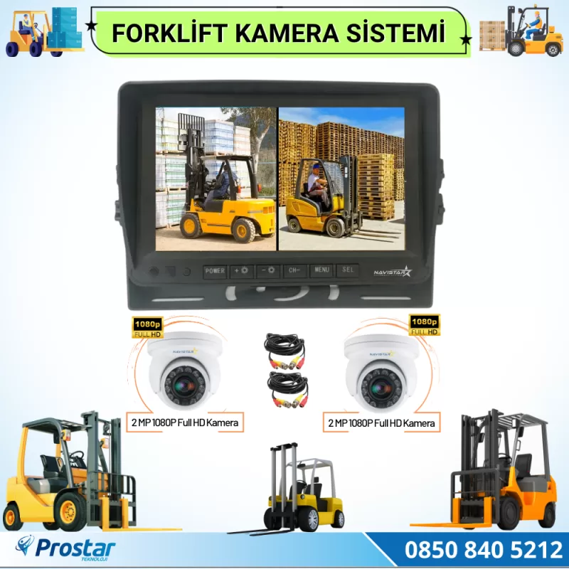 Forklift Kamera Sistemi Reach Truck 2 Kameralı 7 Inç Monitörlü Kayıtlı Kamera Seti — kod Forklift-DM-7-2