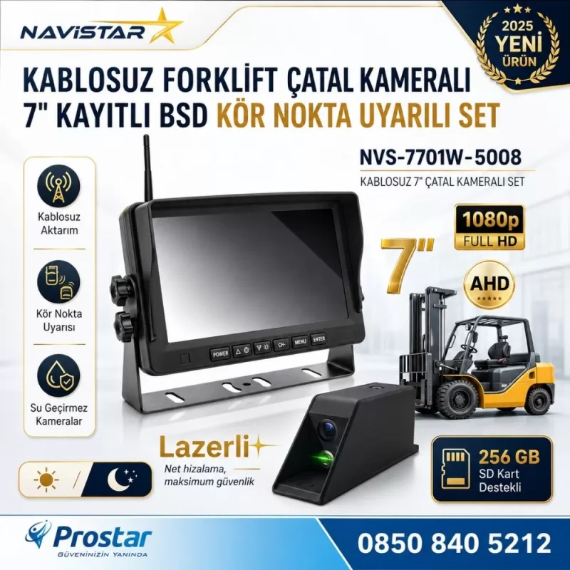 Kablosuz Lazerli Çatal Kameralı 7 inç Kayıtlı Forklift Kamera Sistemi Lazerli Kör Nokta Uyarılı 1080P Full HD Gece Görüşlü — kod NVS-7701W-5008