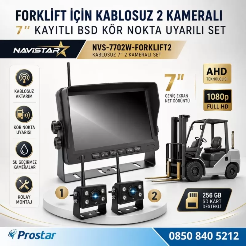 2 Kablosuz Kameralı Forklift Güvenlik Sistemi 7 inç AHD Ekran Kör Nokta Uyarılı 1080P Full HD Set — kod NVS-7702W-FORKLIFT2