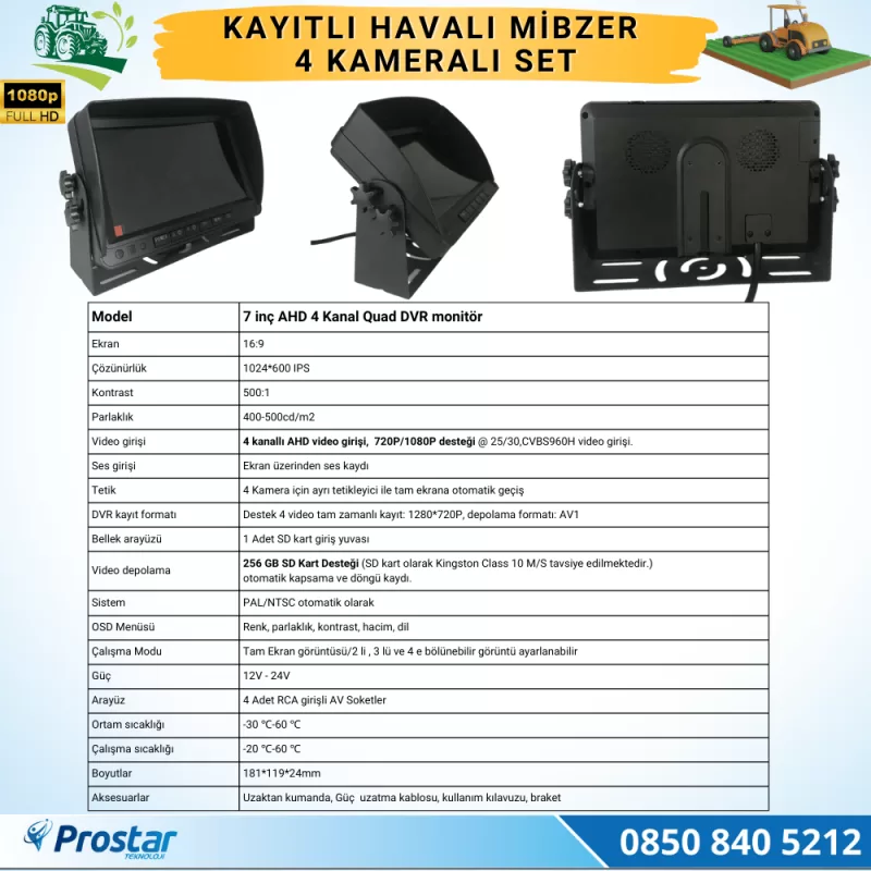Kayıtlı Ahd Mibzer Havalı Tohum Makinesi 4 Kameralı 7 Inç Monitörlü 720P Araç Seti — kod Mibzer256SD — görsel 2