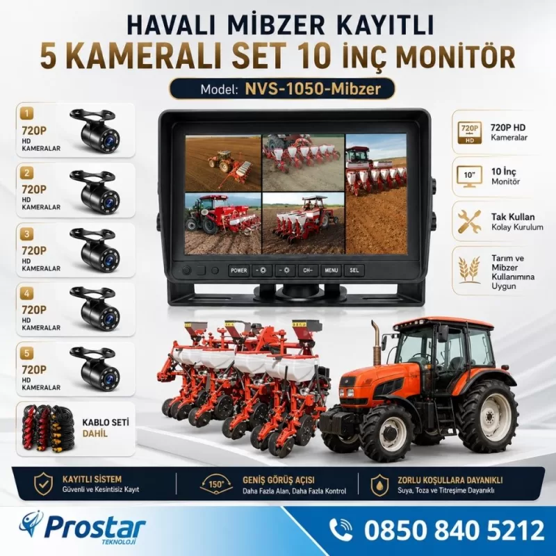 5 Kameralı Mibzer Havalı Tohum Makinesi 10 inç Monitör 720P Beyaz Işıklı AHD Kayıtlı Kamera Seti — kod Mibzer10-5li