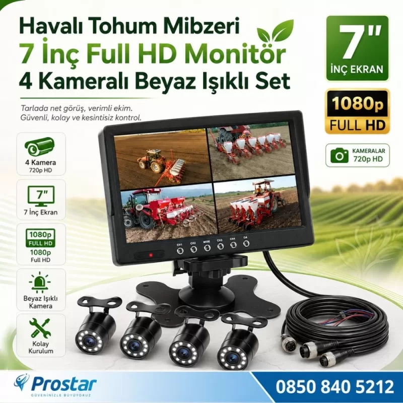 Mibzer için 4 Kameralı 720P Beyaz Işıklı 7 inç Dörde Bölünür AHD Monitör Seti — kod 7001A-Ledli720P