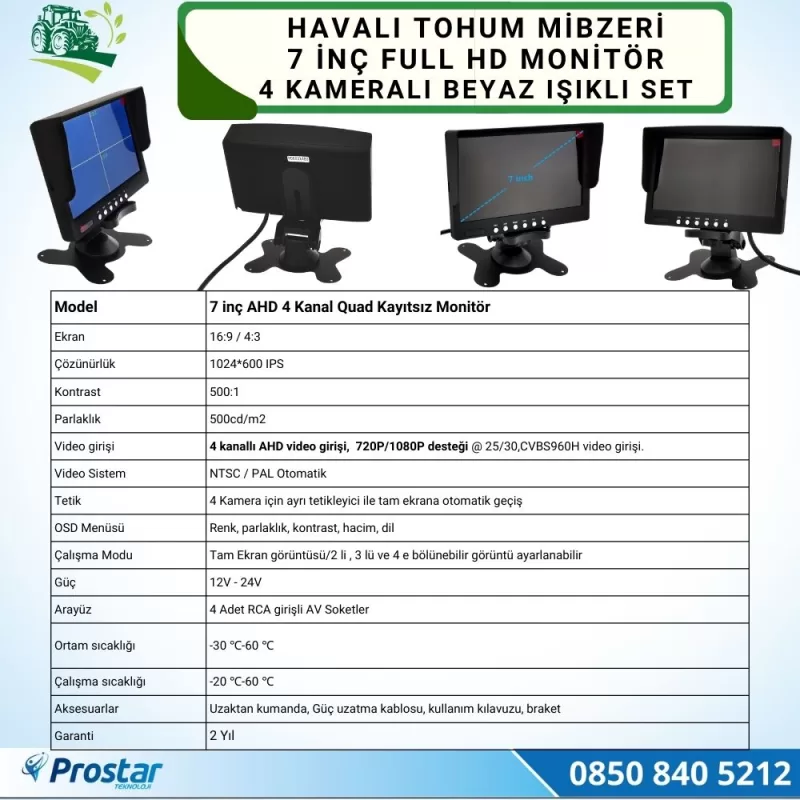Mibzer için 4 Kameralı 720P Beyaz Işıklı 7 inç Dörde Bölünür AHD Monitör Seti — kod 7001A-Ledli720P — görsel 2