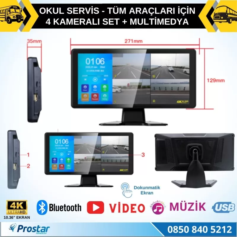 Mibzer için 10.36" Dokunmatik Ekranlı 4 Kameralı AHD 720P Beyaz Işık Kameralı Havalı Kamera Seti — kod A8-mibzer4lu-Ledli — görsel 6