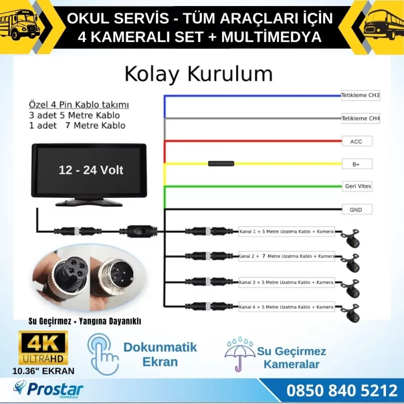 Mibzer için 10.36" Dokunmatik Ekranlı 4 Kameralı AHD 720P Beyaz Işık Kameralı Havalı Kamera Seti — kod A8-mibzer4lu-Ledli — görsel 7