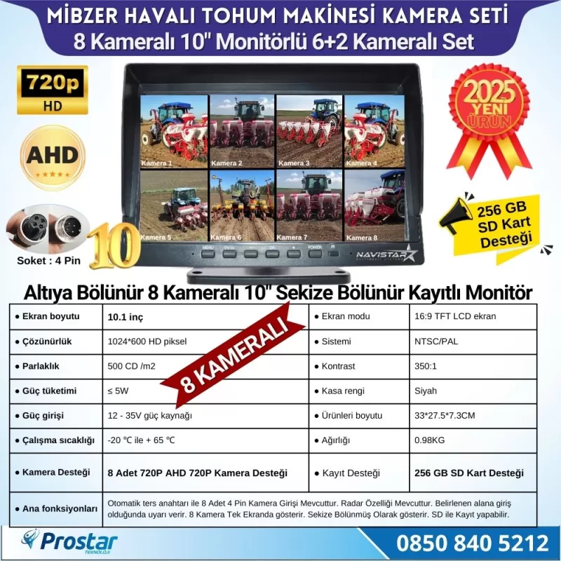 Mibzer için 8 Kameralı 10 inç Sekize Bölen Monitör 2 Büyük Kameralı Kayıtlı 256 Gb Sd Kart Destekli — kod NVS-1068SET-2 — görsel 2