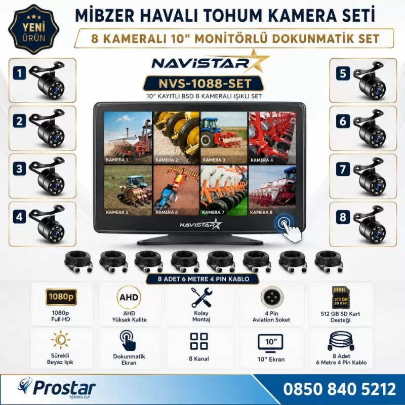 8 Kameralı 10 inç Dokunmatik Mibzer Tohum Seti AHD Işıklı Kameralı Tak Kullan Set — kod NVS-1088-SET
