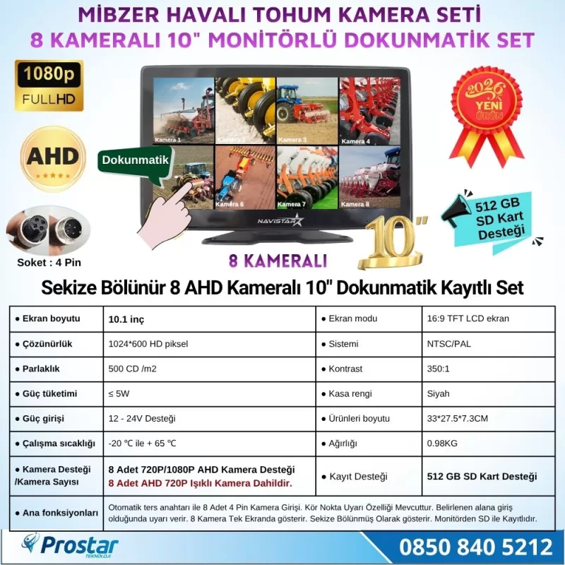 8 Kameralı 10 inç Dokunmatik Mibzer Tohum Seti AHD Işıklı Kameralı Tak Kullan Set — kod NVS-1088-SET — görsel 2