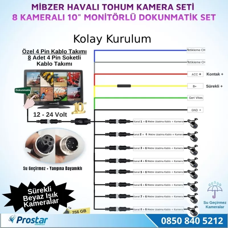 8 Kameralı 10 inç Dokunmatik Mibzer Tohum Seti AHD Işıklı Kameralı Tak Kullan Set — kod NVS-1088-SET — görsel 3