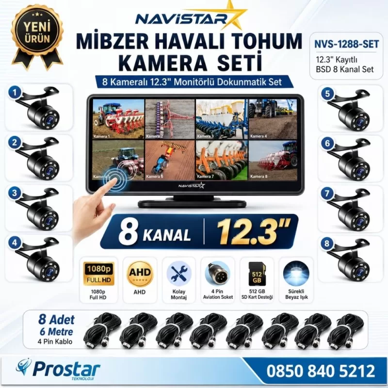 12.3 inç Dokunmatik 8 Kameralı Mibzer Tohum Seti AHD Işıklı Kameralı Tak Kullan Set — kod NVS-1288-SET