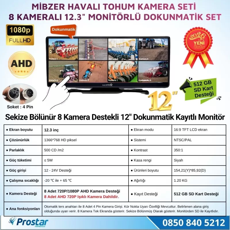 12.3 inç Dokunmatik 8 Kameralı Mibzer Tohum Seti AHD Işıklı Kameralı Tak Kullan Set — kod NVS-1288-SET — görsel 2