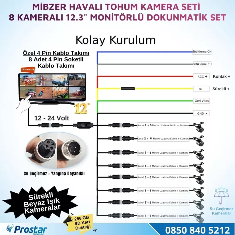 12.3 inç Dokunmatik 8 Kameralı Mibzer Tohum Seti AHD Işıklı Kameralı Tak Kullan Set — kod NVS-1288-SET — görsel 3